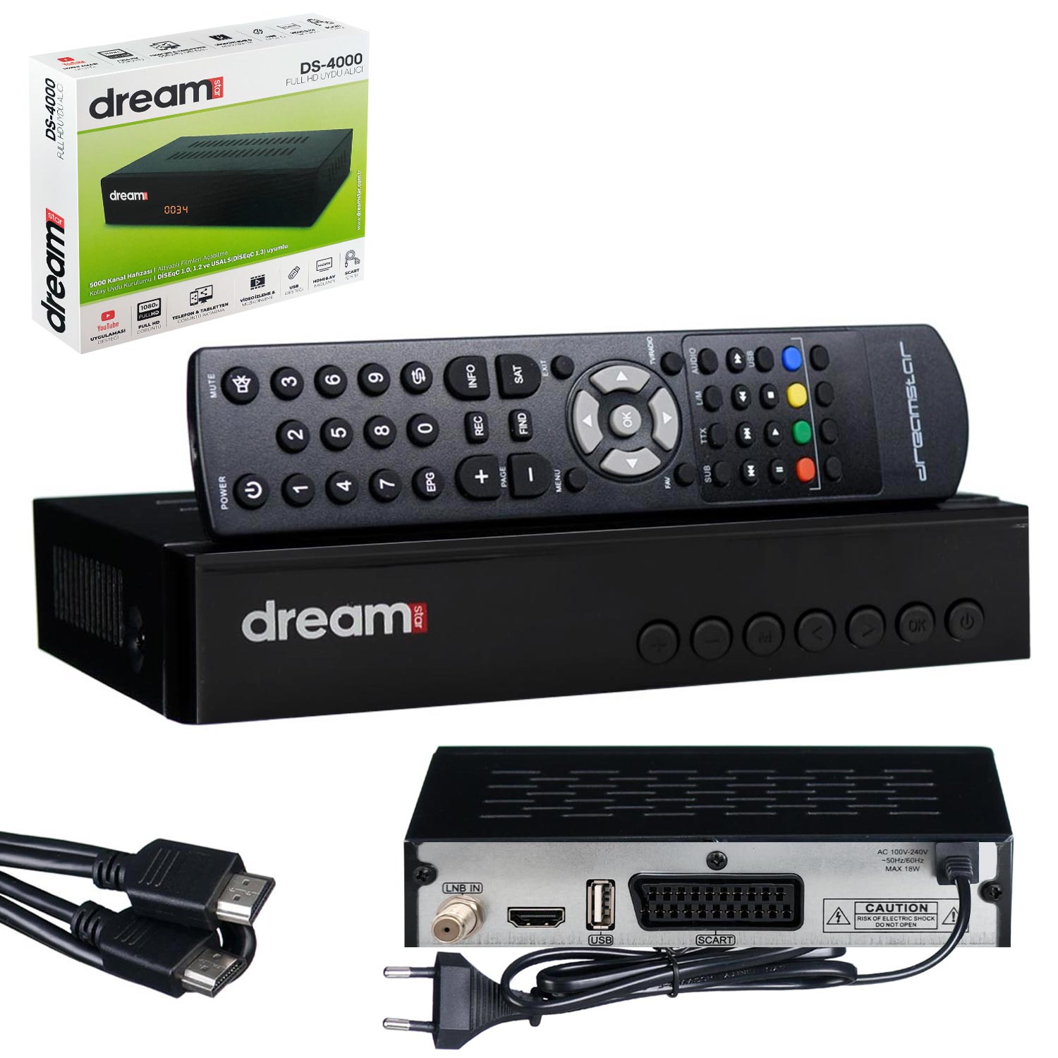 DREAMSTAR DS-4000 Kasalı Uydu Alıcı Dijital Full Hd + Scart Youtube Destekli