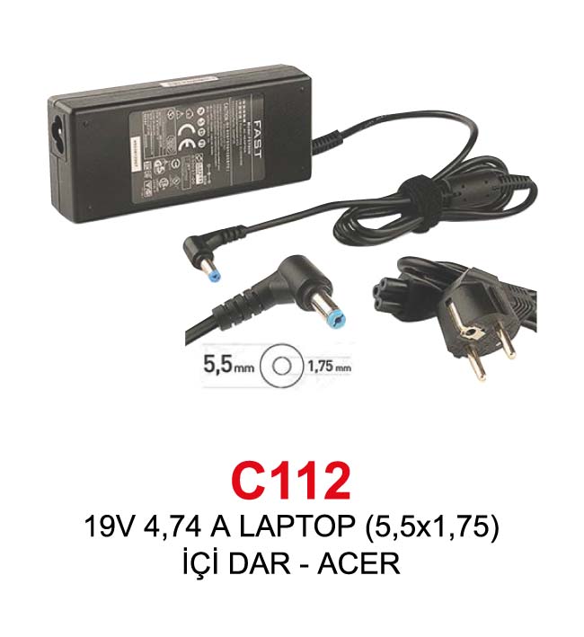 19V 4,74 A LAPTOP (5,5x1,75) İÇİ DAR - ACER NOTEBOOK ADAPTÖR