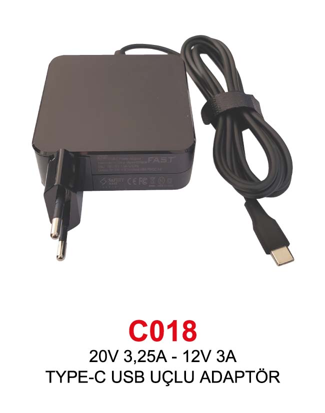 20V 3,25A - 12V 3A (65W) TYPE-C USB UÇLU NOTEBOOK ADAPTÖR